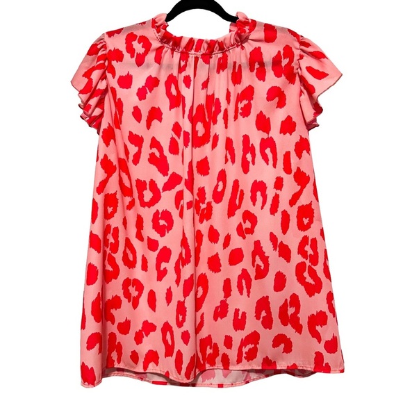 Dress Up Pink Leopard Ruffle Mock Neck Flutter Sleeve Top L Travel Cruise NWOT - Picture 1 of 9